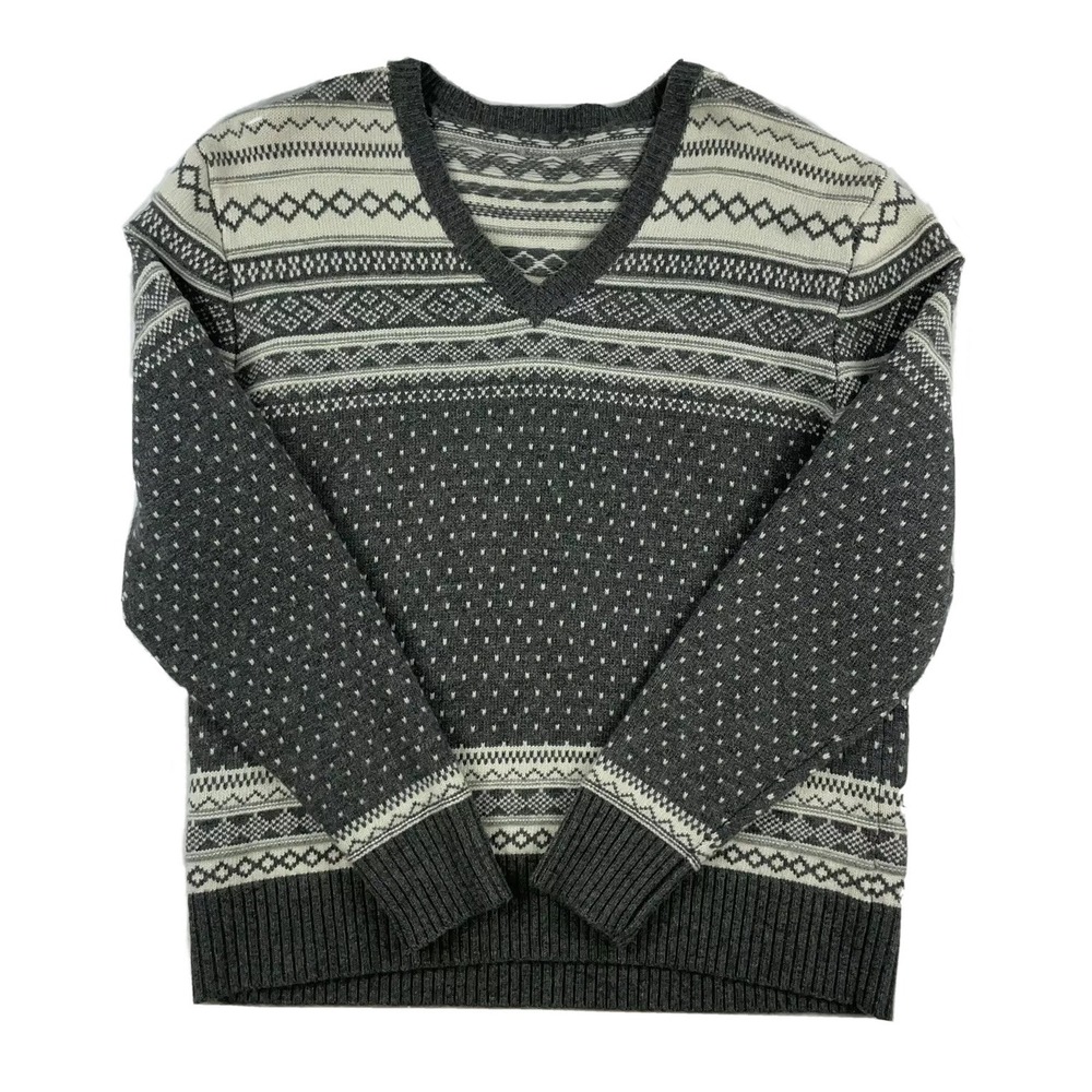Ovadia & Sons Gray Fair Isle Mens V Neck Wool Sweater Size L